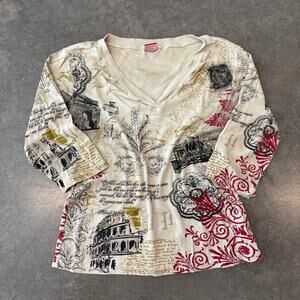 Vintage Y2K Travel Europe Graphic Blouse 3/4 Sleeve Cream Grunge Made in USA M
